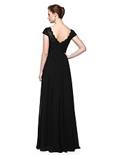 cheap Evening Dresses-Sheath / Column Minimalist Elegant Formal Evening Wedding Party Dress V Neck Short Sleeve Floor Length Chiffon Lace with Lace Insert 2021
