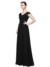 cheap Evening Dresses-Sheath / Column Minimalist Elegant Formal Evening Wedding Party Dress V Neck Short Sleeve Floor Length Chiffon Lace with Lace Insert 2021