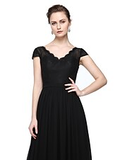 cheap Evening Dresses-Sheath / Column Minimalist Elegant Formal Evening Wedding Party Dress V Neck Short Sleeve Floor Length Chiffon Lace with Lace Insert 2021