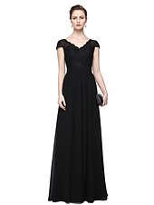cheap Evening Dresses-Sheath / Column Minimalist Elegant Formal Evening Wedding Party Dress V Neck Short Sleeve Floor Length Chiffon Lace with Lace Insert 2021