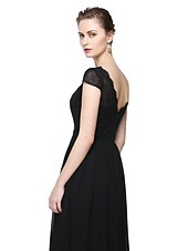 cheap Evening Dresses-Sheath / Column Minimalist Elegant Formal Evening Wedding Party Dress V Neck Short Sleeve Floor Length Chiffon Lace with Lace Insert 2021