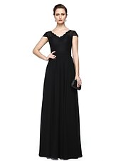 cheap Evening Dresses-Sheath / Column Minimalist Elegant Formal Evening Wedding Party Dress V Neck Short Sleeve Floor Length Chiffon Lace with Lace Insert 2021