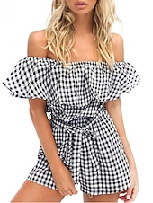 abordables Combinaisons &amp; Combishorts Femme-Femme Quotidien / Vacances / Soirée Barboteuse - Carreaux / Vacances, Treillis / Mode Taille Haute Bateau / Eté / A Volants
