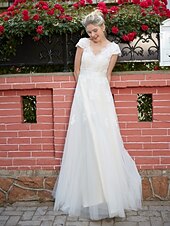 cheap Wedding Dresses-A-Line Wedding Dresses Floor Length Lace Over Tulle with Sash / Ribbon Appliques 2021