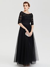 cheap Evening Dresses-A-Line Elegant Dress Wedding Guest Formal Evening Floor Length Illusion Neck Lace Over Tulle with Lace Insert Appliques 2024