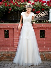 cheap Wedding Dresses-A-Line Wedding Dresses Floor Length Lace Over Tulle with Sash / Ribbon Appliques 2021