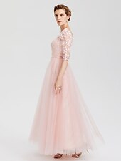 cheap Evening Dresses-A-Line Elegant Dress Wedding Guest Formal Evening Floor Length Illusion Neck Lace Over Tulle with Lace Insert Appliques 2024