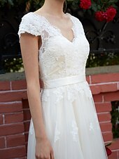 cheap Wedding Dresses-A-Line Wedding Dresses Floor Length Lace Over Tulle with Sash / Ribbon Appliques 2021
