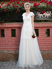 cheap Wedding Dresses-A-Line Wedding Dresses Floor Length Lace Over Tulle with Sash / Ribbon Appliques 2021