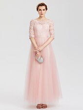 cheap Evening Dresses-A-Line Elegant Dress Wedding Guest Formal Evening Floor Length Illusion Neck Lace Over Tulle with Lace Insert Appliques 2024