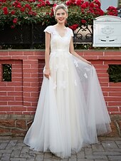 cheap Wedding Dresses-A-Line Wedding Dresses Floor Length Lace Over Tulle with Sash / Ribbon Appliques 2021