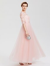 cheap Evening Dresses-A-Line Elegant Dress Wedding Guest Formal Evening Floor Length Illusion Neck Lace Over Tulle with Lace Insert Appliques 2024