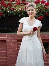 cheap Wedding Dresses-A-Line Wedding Dresses Floor Length Lace Over Tulle with Sash / Ribbon Appliques 2021