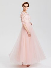 cheap Evening Dresses-A-Line Elegant Dress Wedding Guest Formal Evening Floor Length Illusion Neck Lace Over Tulle with Lace Insert Appliques 2024