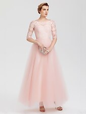 cheap Evening Dresses-A-Line Elegant Dress Wedding Guest Formal Evening Floor Length Illusion Neck Lace Over Tulle with Lace Insert Appliques 2024