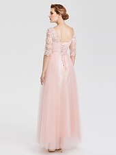 cheap Evening Dresses-A-Line Elegant Dress Wedding Guest Formal Evening Floor Length Illusion Neck Lace Over Tulle with Lace Insert Appliques 2024