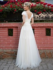 cheap Wedding Dresses-A-Line Wedding Dresses Floor Length Lace Over Tulle with Sash / Ribbon Appliques 2021