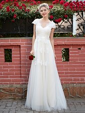 cheap Wedding Dresses-A-Line Wedding Dresses Floor Length Lace Over Tulle with Sash / Ribbon Appliques 2021
