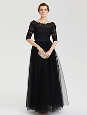 cheap Evening Dresses-A-Line Elegant Dress Wedding Guest Formal Evening Floor Length Illusion Neck Lace Over Tulle with Lace Insert Appliques 2024