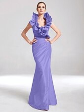 baratos Casamento &amp; Festas-Sereia Elegante Vestido Desgaste do partido Longo Sem Manga Decote V Tafetá com Fru-Fru 2022