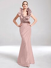 baratos Casamento &amp; Festas-Sereia Elegante Vestido Desgaste do partido Longo Sem Manga Decote V Tafetá com Fru-Fru 2022