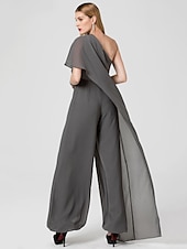 cheap Wedding Guest Dresses-Jumpsuits Sexy Dress Formal Evening Floor Length Sleeveless One Shoulder Fall Wedding Guest Chiffon with Draping