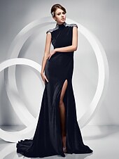 cheap Weddings &amp; Events-Mermaid / Trumpet Keyhole Dress Formal Evening Sweep / Brush Train Short Sleeve High Neck Velvet with Crystals Split Front 2023