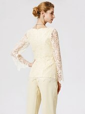 cheap Mom&#039;s Pant Suits-Jumpsuits Sheath / Column Jumpsuit / Pantsuit Mother of the Bride Dress Formal Church Two Piece See Through Jumpsuits Jewel Neck Floor Length Chiffon Lace Long Sleeve with Lace 2023