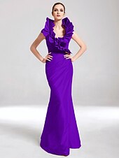 baratos Casamento &amp; Festas-Sereia Elegante Vestido Desgaste do partido Longo Sem Manga Decote V Tafetá com Fru-Fru 2022