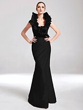 baratos Casamento &amp; Festas-Sereia Elegante Vestido Desgaste do partido Longo Sem Manga Decote V Tafetá com Fru-Fru 2022