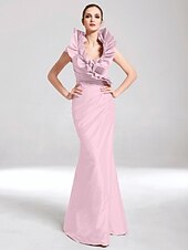 baratos Casamento &amp; Festas-Sereia Elegante Vestido Desgaste do partido Longo Sem Manga Decote V Tafetá com Fru-Fru 2022