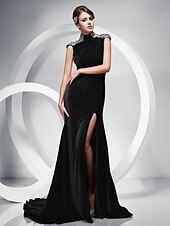 cheap Weddings &amp; Events-Mermaid / Trumpet Keyhole Dress Formal Evening Sweep / Brush Train Short Sleeve High Neck Velvet with Crystals Split Front 2023