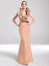 baratos Casamento &amp; Festas-Sereia Elegante Vestido Desgaste do partido Longo Sem Manga Decote V Tafetá com Fru-Fru 2022