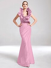 baratos Casamento &amp; Festas-Sereia Elegante Vestido Desgaste do partido Longo Sem Manga Decote V Tafetá com Fru-Fru 2022