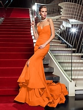 abordables Bodas y eventos-Corte Trompeta / Sirena Estilo de Celebridad Inspirado por Emmy Festivos Fiesta de Cóctel Noche formal Vestido Sin Tirantes Sin Mangas Cola de Corte Gasa con Volantes Frontal Abierto 2021