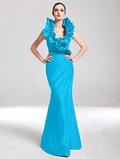 baratos Casamento &amp; Festas-Sereia Elegante Vestido Desgaste do partido Longo Sem Manga Decote V Tafetá com Fru-Fru 2022