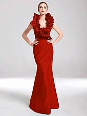 baratos Casamento &amp; Festas-Sereia Elegante Vestido Desgaste do partido Longo Sem Manga Decote V Tafetá com Fru-Fru 2022