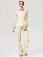 cheap Mom&#039;s Pant Suits-Jumpsuits Sheath / Column Jumpsuit / Pantsuit Mother of the Bride Dress Formal Church Two Piece See Through Jumpsuits Jewel Neck Floor Length Chiffon Lace Long Sleeve with Lace 2023