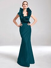 baratos Casamento &amp; Festas-Sereia Elegante Vestido Desgaste do partido Longo Sem Manga Decote V Tafetá com Fru-Fru 2022