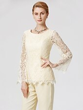 cheap Mom&#039;s Pant Suits-Jumpsuits Sheath / Column Jumpsuit / Pantsuit Mother of the Bride Dress Formal Church Two Piece See Through Jumpsuits Jewel Neck Floor Length Chiffon Lace Long Sleeve with Lace 2023