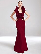 baratos Casamento &amp; Festas-Sereia Elegante Vestido Desgaste do partido Longo Sem Manga Decote V Tafetá com Fru-Fru 2022