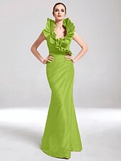 baratos Casamento &amp; Festas-Sereia Elegante Vestido Desgaste do partido Longo Sem Manga Decote V Tafetá com Fru-Fru 2022