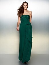 cheap Evening Dresses-Jumpsuits Elegant Dress Wedding Guest Formal Evening Floor Length Sleeveless Strapless Chiffon with Bow(s) Beading 2023