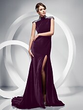 cheap Weddings &amp; Events-Mermaid / Trumpet Keyhole Dress Formal Evening Sweep / Brush Train Short Sleeve High Neck Velvet with Crystals Split Front 2023