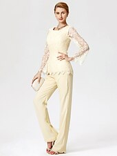 cheap Mom&#039;s Pant Suits-Jumpsuits Sheath / Column Jumpsuit / Pantsuit Mother of the Bride Dress Formal Church Two Piece See Through Jumpsuits Jewel Neck Floor Length Chiffon Lace Long Sleeve with Lace 2023