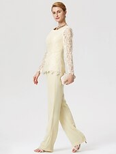 cheap Mom&#039;s Pant Suits-Jumpsuits Sheath / Column Jumpsuit / Pantsuit Mother of the Bride Dress Formal Church Two Piece See Through Jumpsuits Jewel Neck Floor Length Chiffon Lace Long Sleeve with Lace 2023