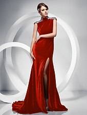 cheap Weddings &amp; Events-Mermaid / Trumpet Keyhole Dress Formal Evening Sweep / Brush Train Short Sleeve High Neck Velvet with Crystals Split Front 2023