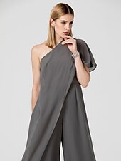 cheap Wedding Guest Dresses-Jumpsuits Sexy Dress Formal Evening Floor Length Sleeveless One Shoulder Fall Wedding Guest Chiffon with Draping