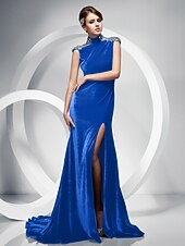 cheap Weddings &amp; Events-Mermaid / Trumpet Keyhole Dress Formal Evening Sweep / Brush Train Short Sleeve High Neck Velvet with Crystals Split Front 2023