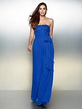 cheap Evening Dresses-Jumpsuits Elegant Dress Wedding Guest Formal Evening Floor Length Sleeveless Strapless Chiffon with Bow(s) Beading 2023